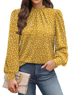 👗 Women's Yellow Long Sleeve Shirts Pleated Front Blouses Dressy Mock Neck Tops